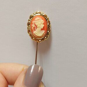 Vintage Cameo Red White Gold Tone Hat Pin Brooch, Elegant Fashion Jewelry, Boho